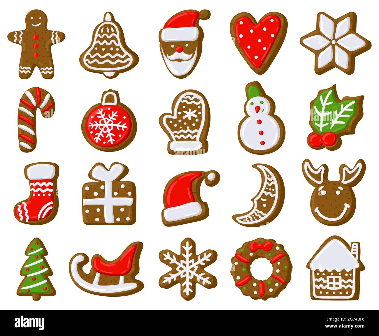 Christmas gingerbread cookies. Holiday treat biscuits, gingerbread man, xmas fir tree and present box vector illustration set. Holiday gingerbread Stock Vector