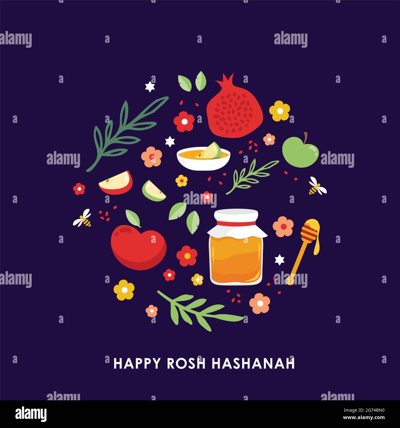 jewish new year, rosh hashanah, greeting card with traditional icons. Happy New Year. Apple, honey, pomegranate, flowers and leaves, Jewish New Year Stock Vector