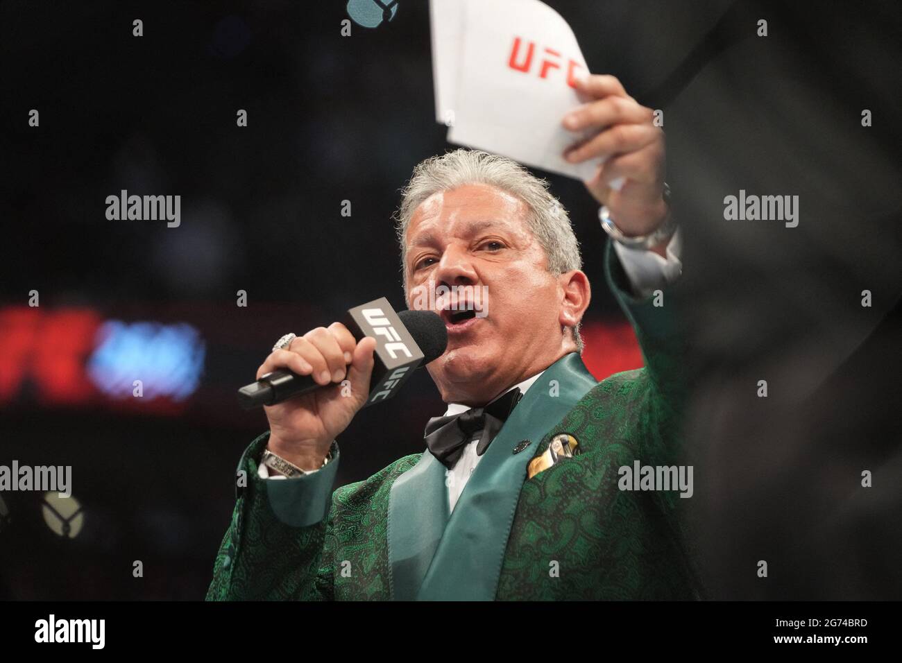 Las Vegas, United States. 10th July, 2021. Bruce Buffer, the official octagon announcer during the UFC 264 - Poirier vs McGregor 3 event at T-Mobile Arena on July 10, 2021 in Las Vegas, NV, USA. Photo by Louis Grasse/PxImages/ABACAPRESS.COM Credit: Abaca Press/Alamy Live News Stock Photo
