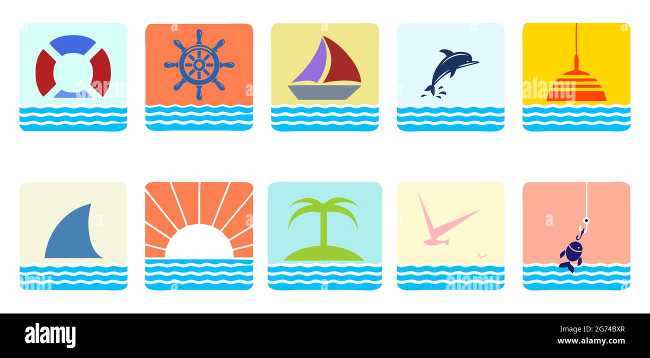 Marine nautical travel icons set. Sea travel elements collection. Marine trip sea set. Stock Vector