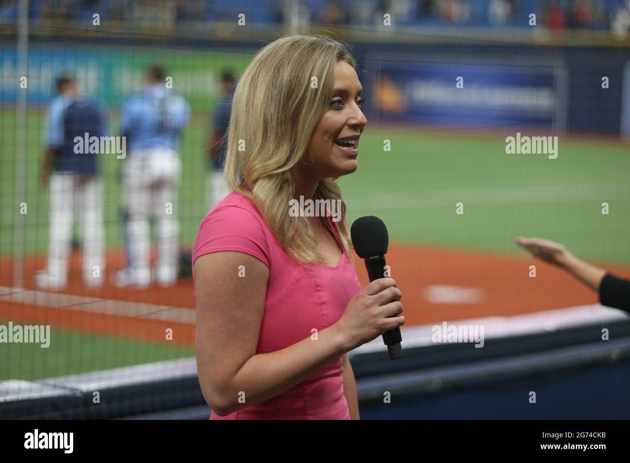 St. Petersburg, FL. USA  Fox Sports broadcaster, Tricia Whitaker, sang both the Canadian and American National Anthems prior to a major league basebal Stock Photo
