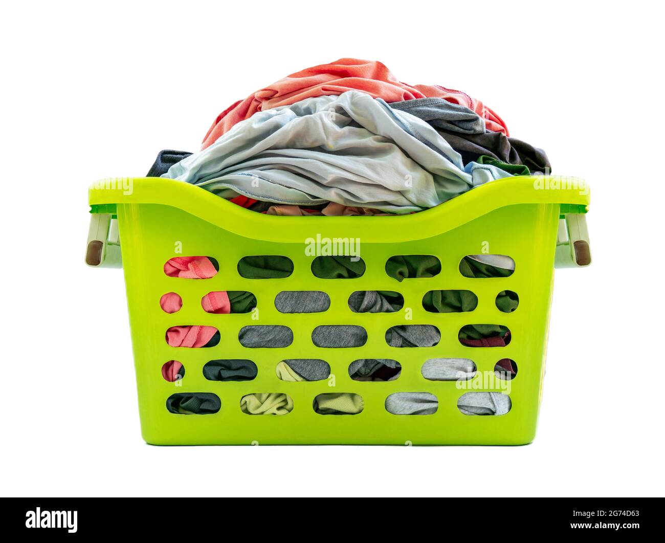 Isolated used cloth in plastic basket on white background, front view of green basket, clothes full in basket. Stock Photo