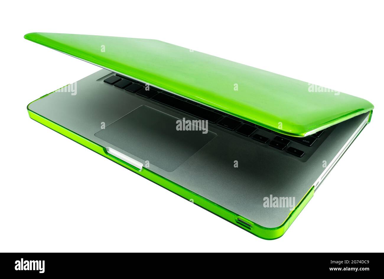 Beautiful modern laptop with shinny green case protection, computer laptop that is slight tilt, top view 45 degrees, cover slightly ajar. Isolated lap Stock Photo