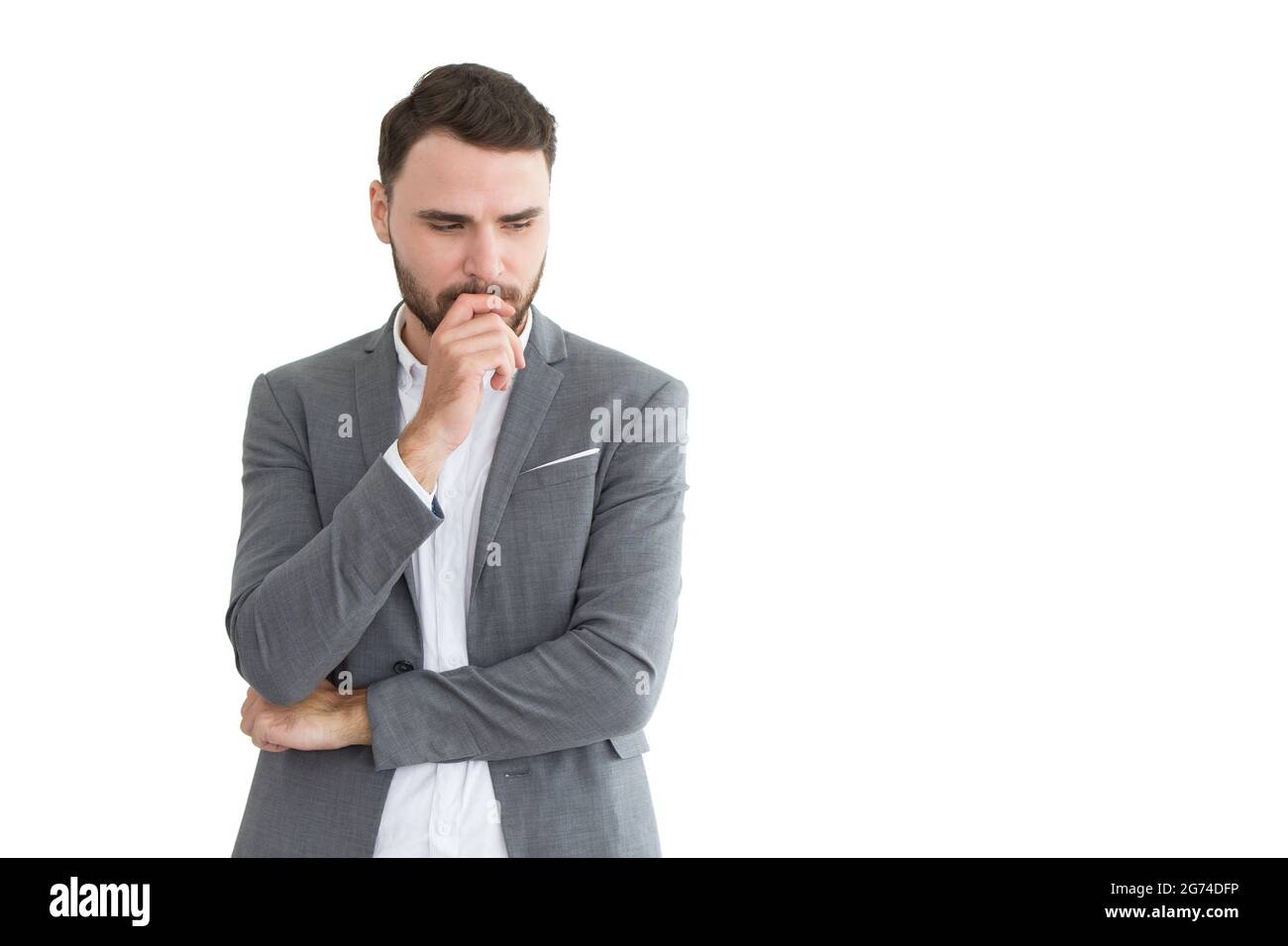 Business man thinking stress or consider make a decision posture isolated on white background. male forget mistake hesitate expression. Stock Photo