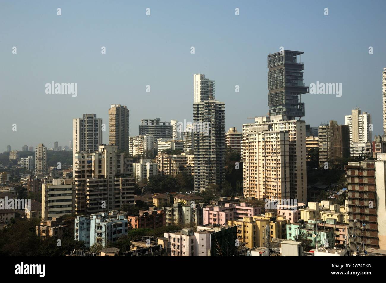 Mumbai; Maharashtra; India- Asia; Feb, 2015 : Mukesh Ambani's billion-dollar residence Antilia house on Altamount Road The world's most expensive home Stock Photo