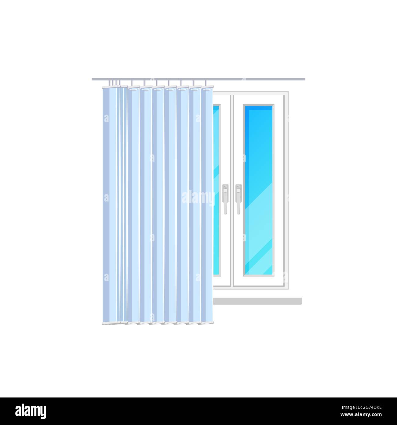 Window with blinds shutters or jalousie curtain shades, vector isolated flat icon. Closed or open vertical jalousie on window glass of plastic frame, Stock Vector
