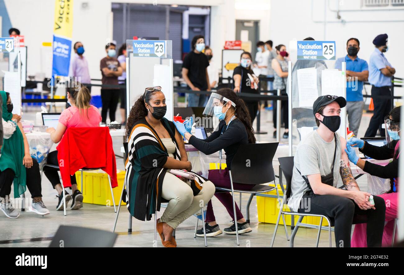 Brampton, Canada. 10th July, 2021. People get vaccinated at a