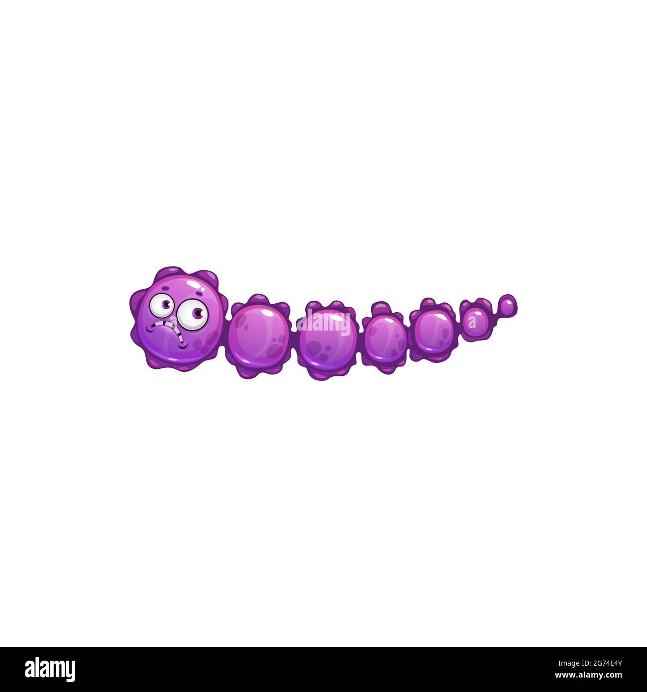 Cartoon virus cell vector icon, sad purple bacteria, germ character with funny face and pimples. Unhappy pathogen microbe look like caterpillar, isola Stock Vector