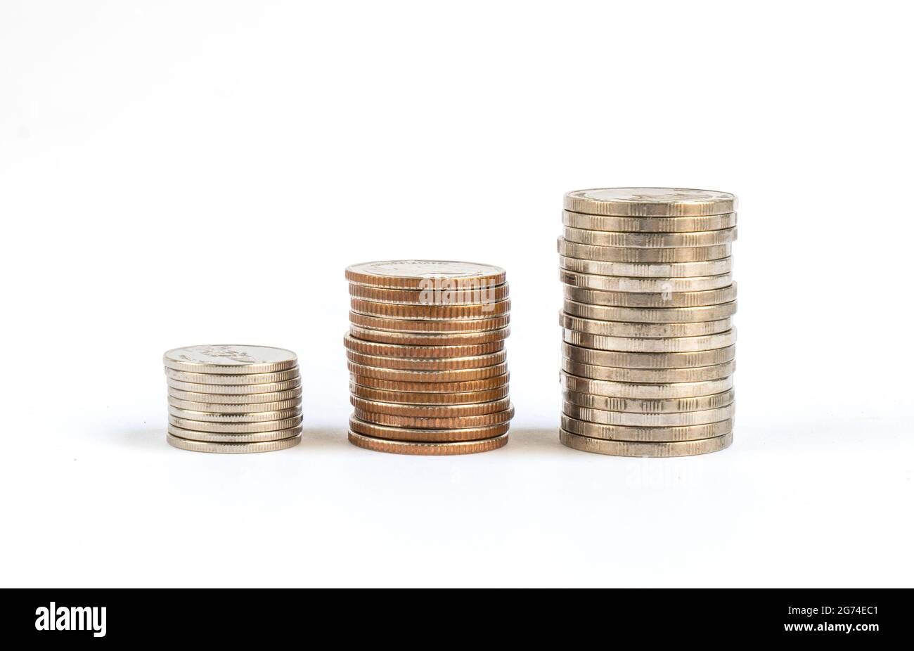 Isolated image on white background, money coin stack. Arrange coins as staircase. Stock Photo