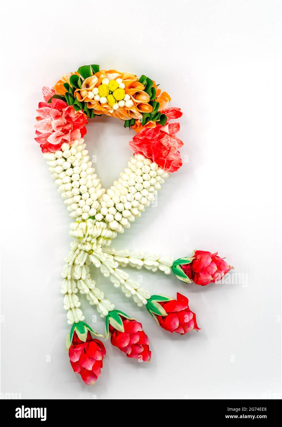 Malai or handmade Thai traditional garlands. Strings flower various together, made from jasmine buds ,orchid ,crown flowers and roses.Thai garland on Stock Photo