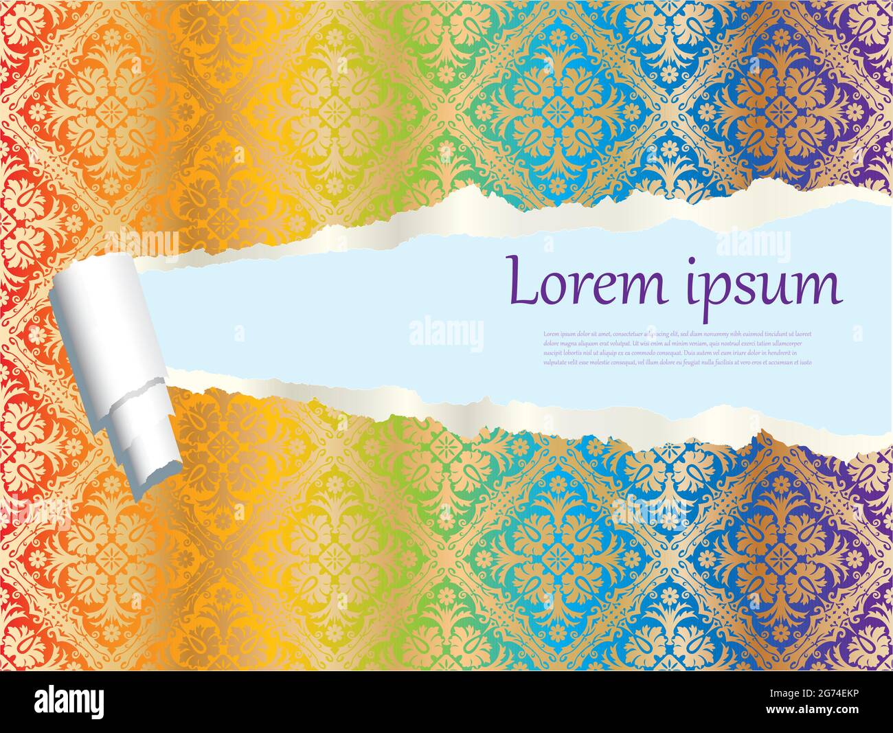 Torn paper background with colorful gradient and gold design Stock ...