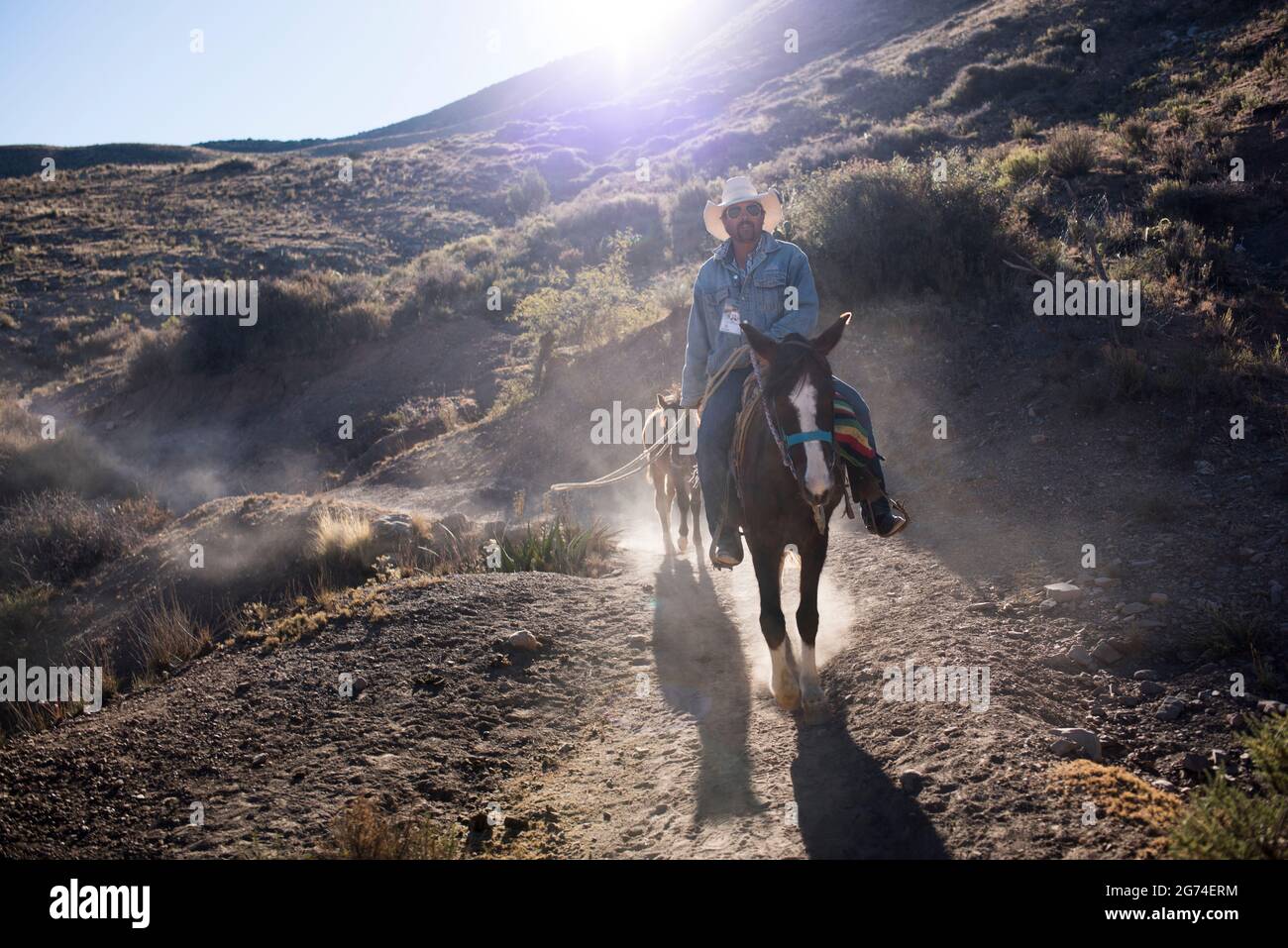 Local guide and horseman Juan leads the way to Wirikuta/El Quemando one of the most sacred sites of the Wixarica (Huichol) indigenous groupls. The for Stock Photo