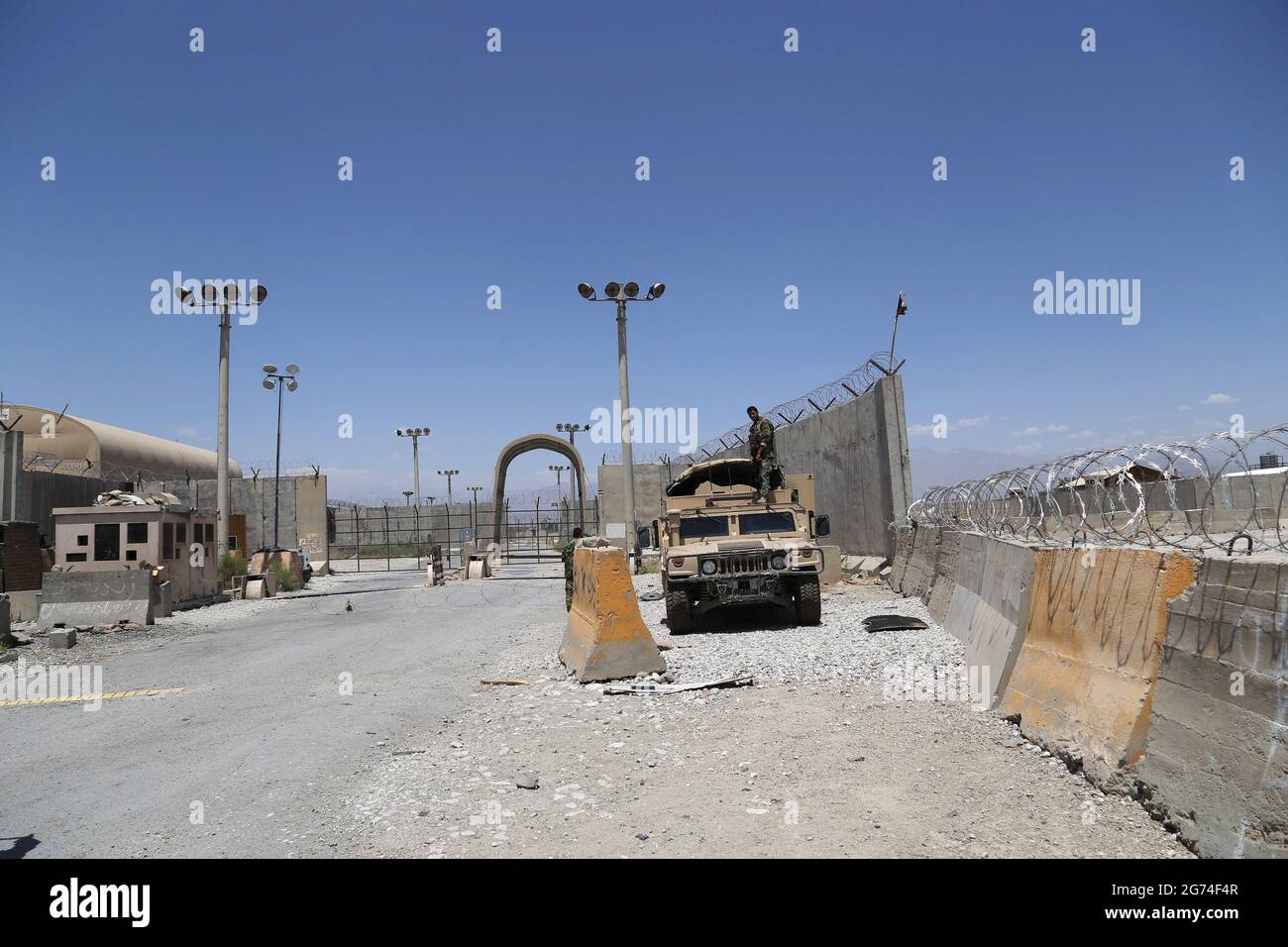 Bagram. 2nd July, 2021. Photo taken on July 2, 2021 shows the gate of Bagram Airfield after all U.S. and NATO forces evacuated in Parwan province, eastern Afghanistan. Credit: Sayed Mominzadah/Xinhua/Alamy Live News Stock Photo