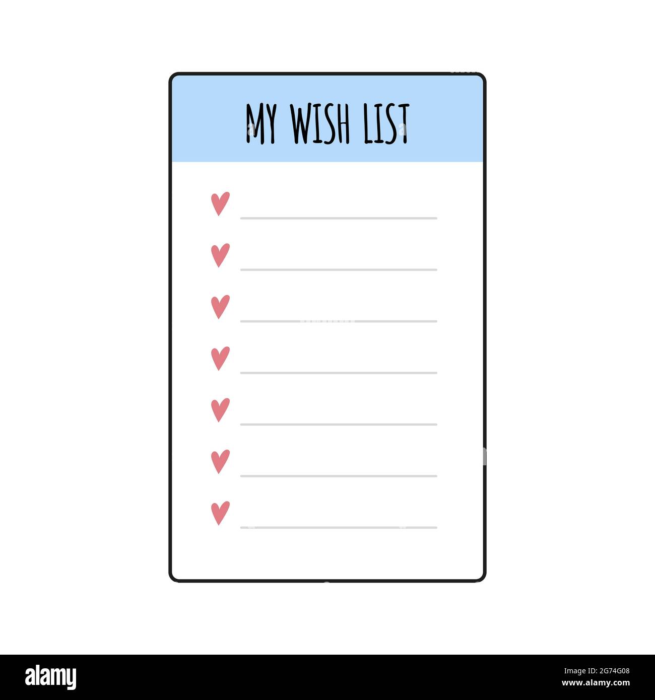 Wish list element for bullet journal. Page template with hearts