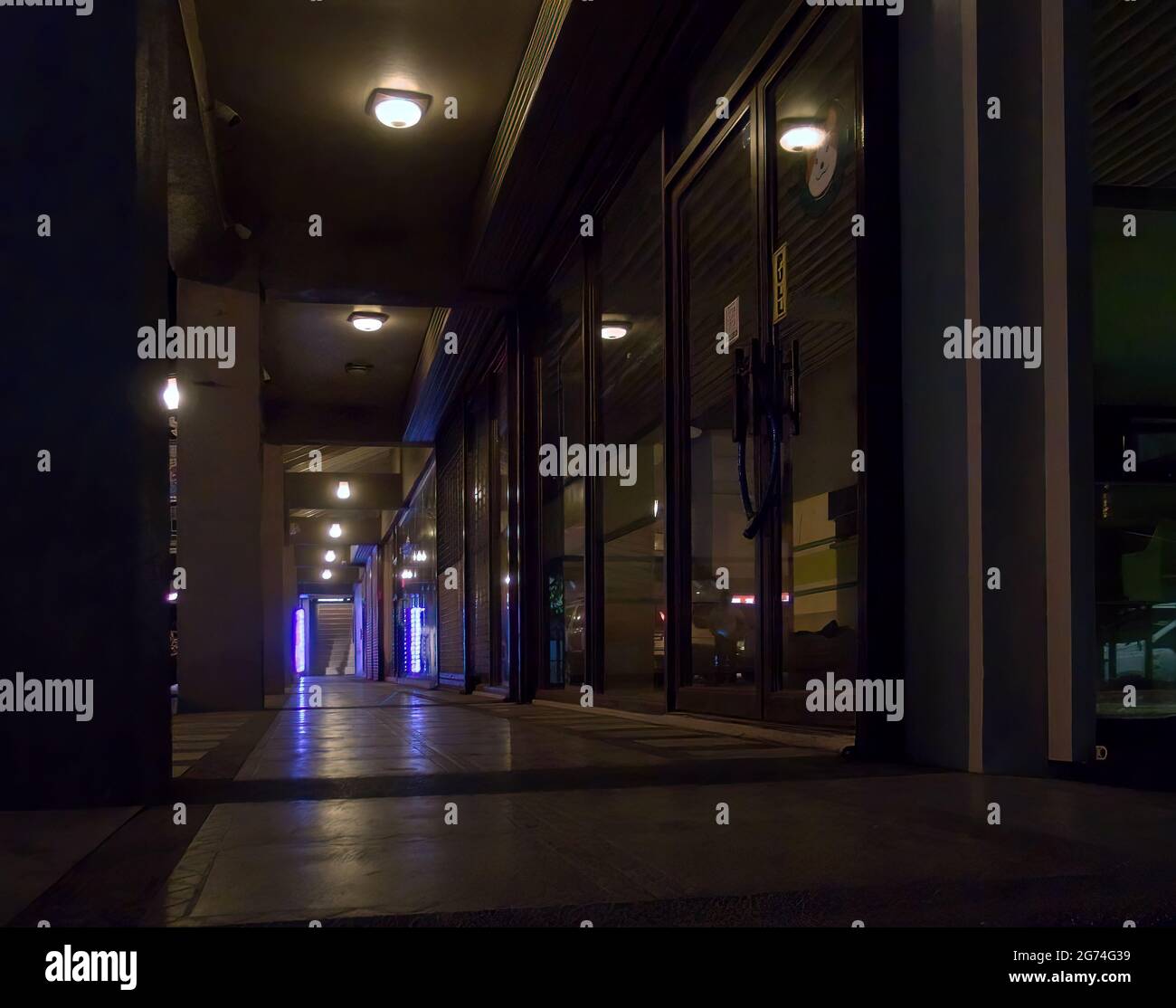 Cebu City, Philippines; 6th October 2017 -- Night shot of a corridor of a typical commercial building in this important city. Stock Photo