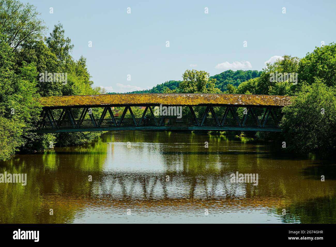 Sebastiani Steg bridge over the Loisach river in Wolfratshausen, Upper Bavaria. Stock Photo