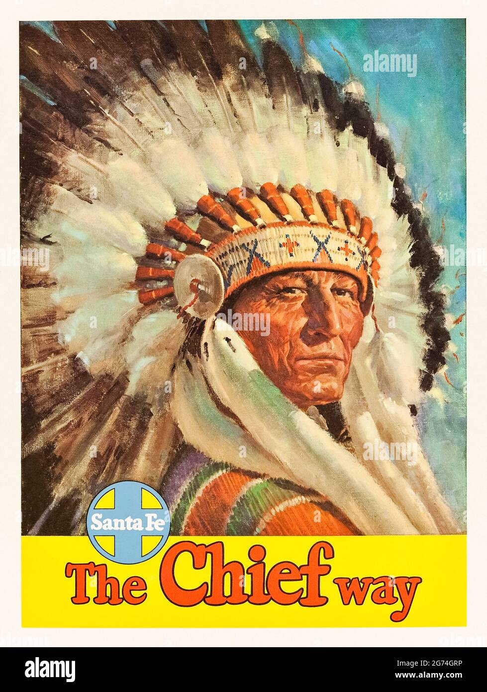 ‘The Chief Way’ 1947 Sante Fe Railroad Travel Poster showing a head and shoulders portrait of a Native American wearing headdress staring directly at the viewer. The Atchison, Topeka and Santa Fe Railway (ATSF) flagship streamliner passenger train between Chicago and Los Angeles was called the ‘Super Chief’, and the name and iconic imagery of this poster are both evocative of the West of America. Credit: Private Collection / AF Fotografie Stock Photo
