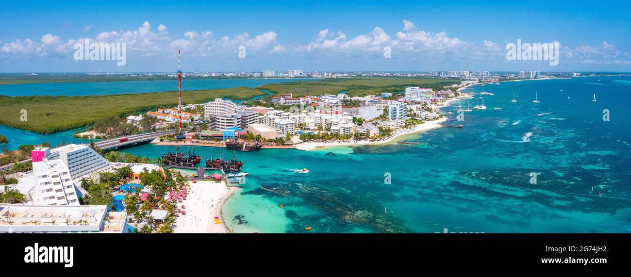 An aerial panoramic view of a beach in Cancun, Mexico. Stock Photo