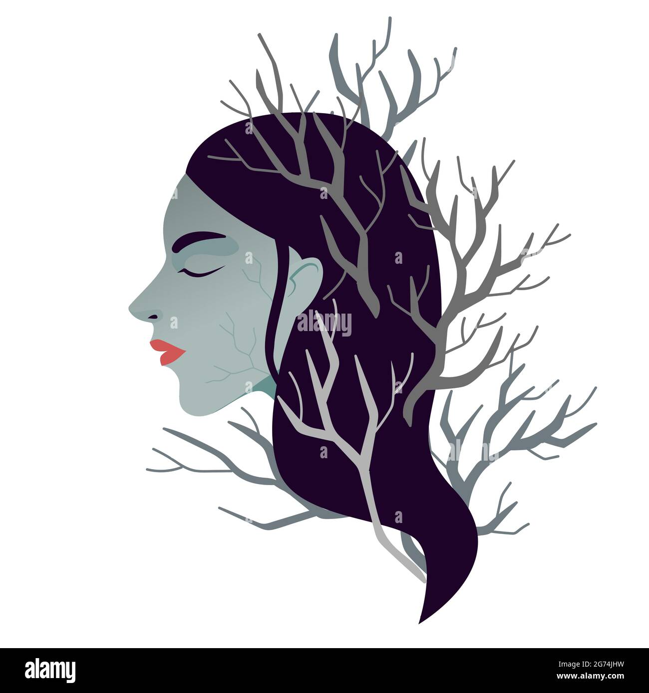 Woman burnout. Female in depression and destructive mental health. Unresourceful state of minde and lack of energy. Woman with dry branches her hair. Stock Vector