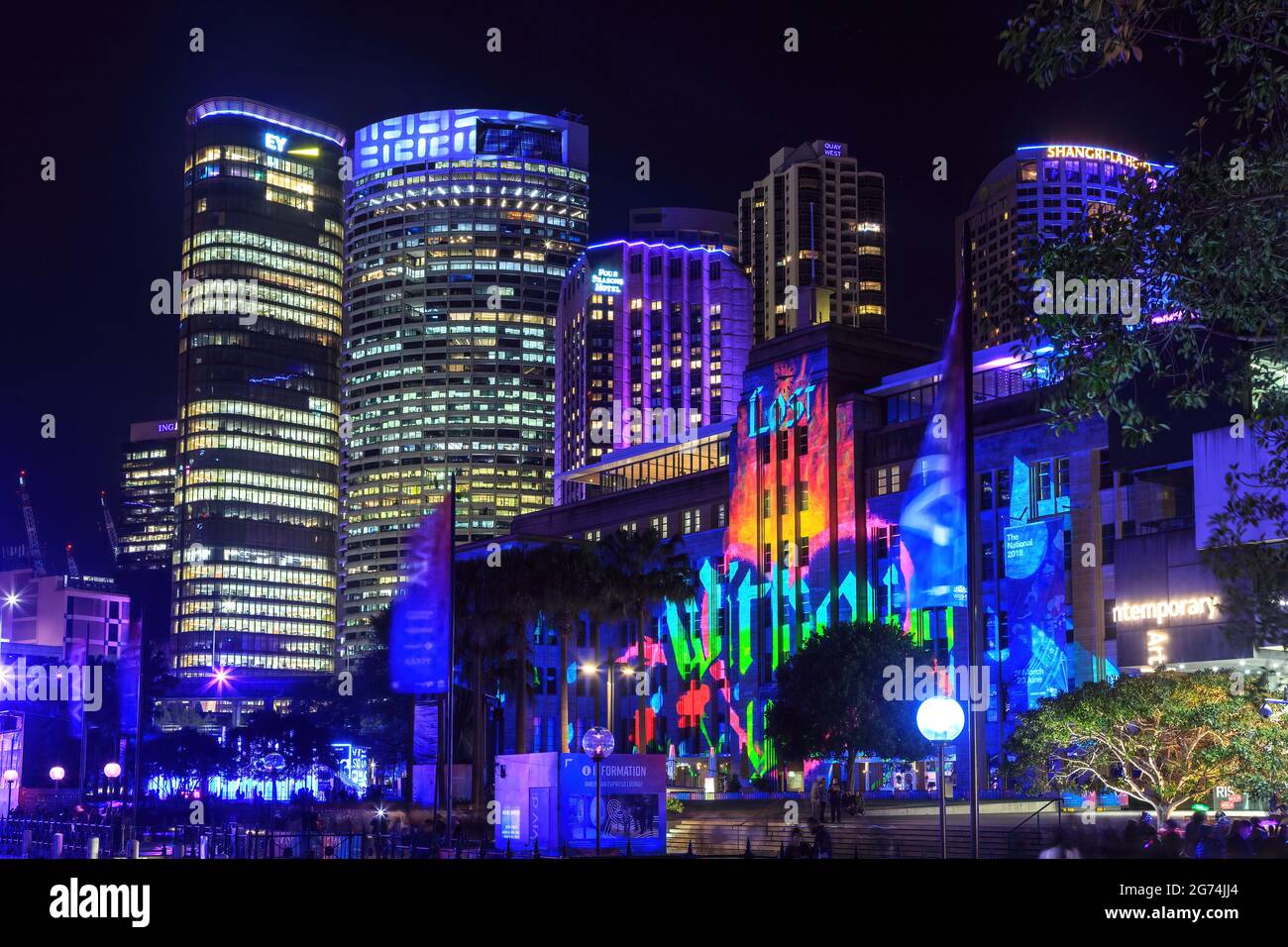 Buildings of Sydney, Australia, beautifully lit at night for the annual Vivid Sydney festival Stock Photo