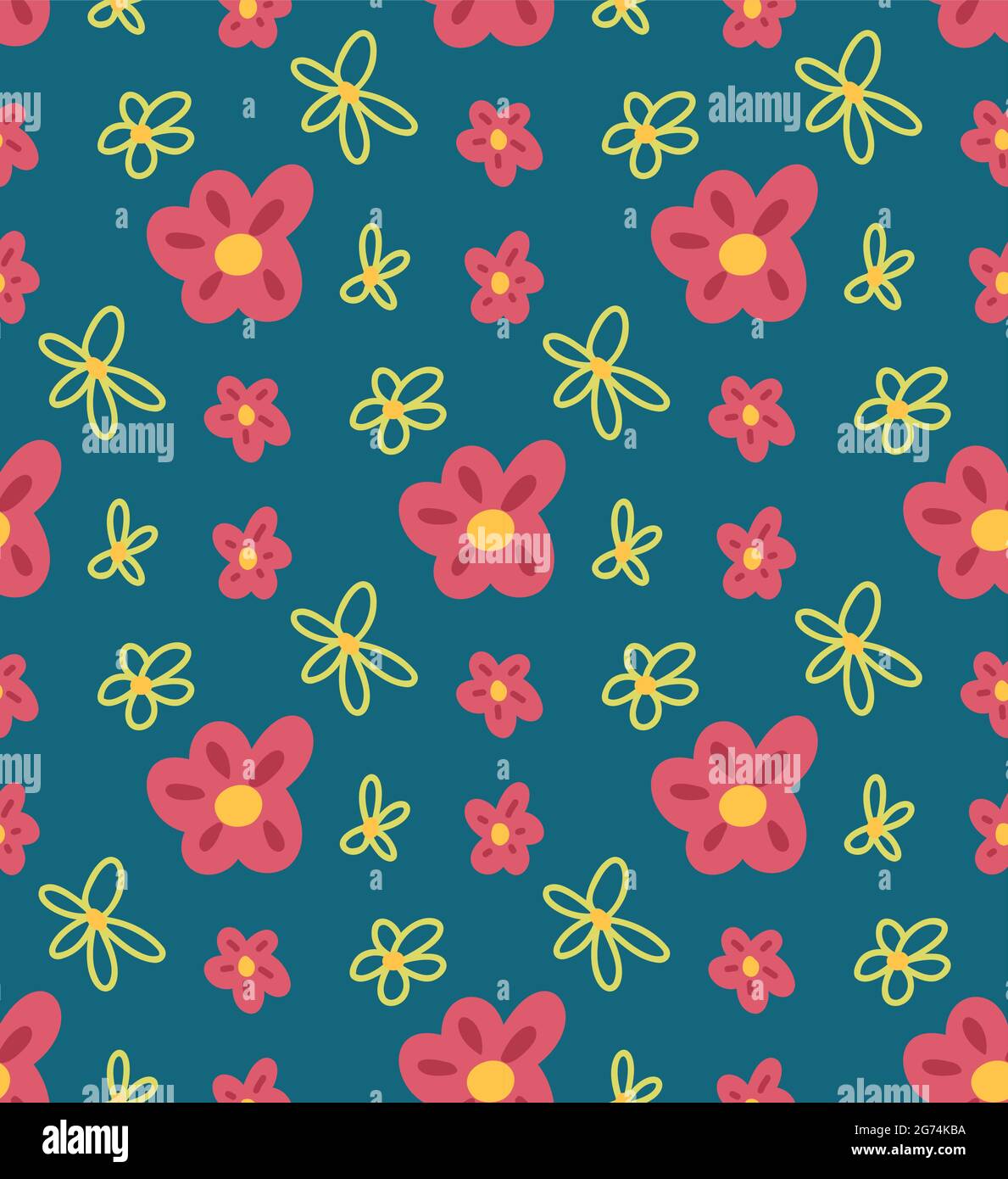 Simplicity childish pattern with pink flowers on blue background. Vector natural flat texture with outline daisies. Fabric with flora in pastel colors Stock Vector