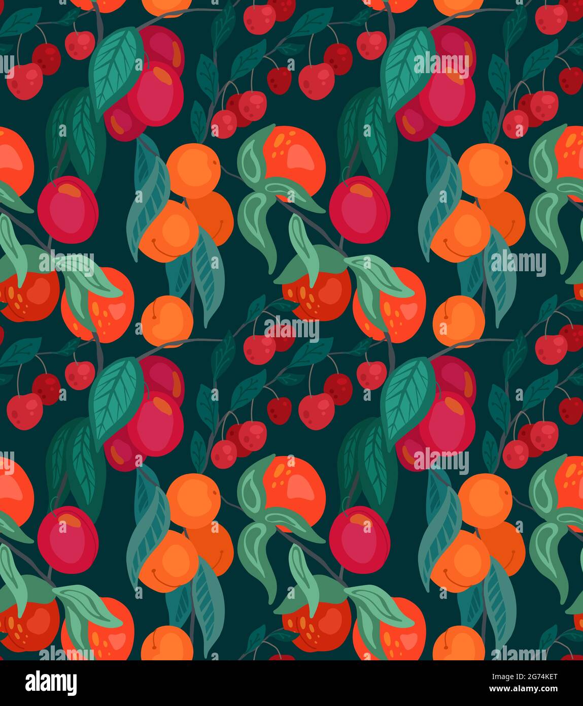 Seamless flat texture with cherries, peaches, plums on branches with foliage on dark green background. Cartoon pattern with berries. Wallpaper with fr Stock Vector