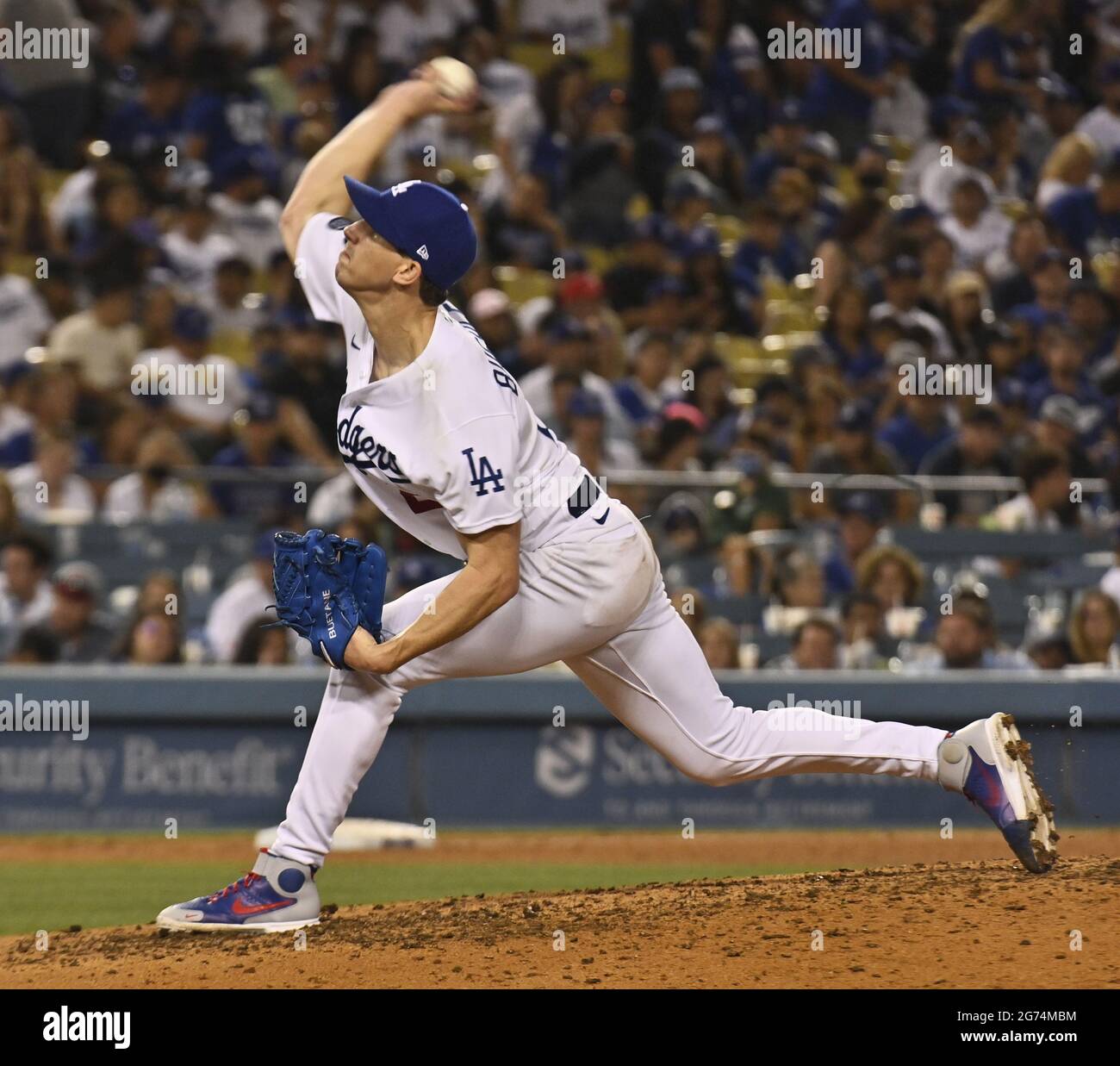 Los Angeles, United States. 11th July, 2021. Los Angeles Dodgers' starting pitcher Walker Buehler winds up to deliver against the Arizona Diamondbacks during the sixth inning at Dodger Stadium in Los Angeles on Saturday, July 10, 2021. Butler, who was named to the NL All-Star team earlier in the day, pitched six scoreless innings. The Dodgers routed the Diamondbacks 22-1 Photo by Jim Ruymen/UPI Credit: UPI/Alamy Live News Stock Photo