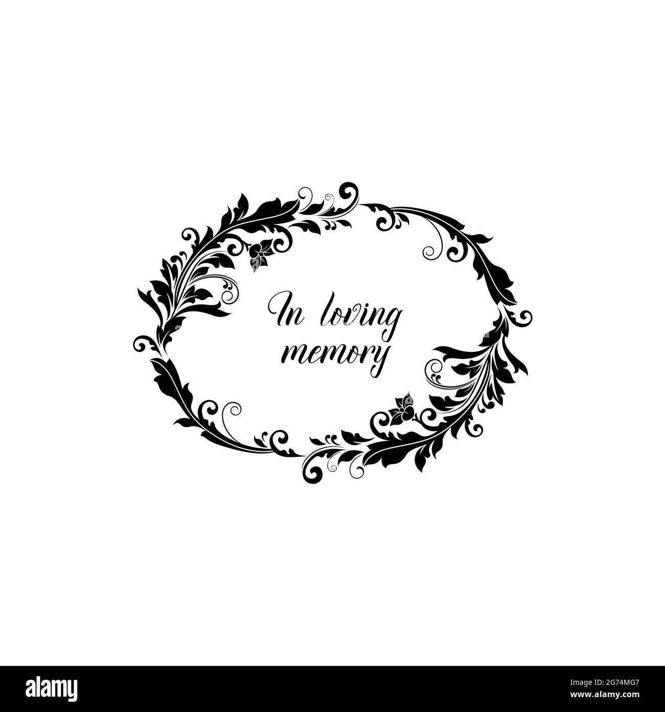 Funeral memory card of condolences and love with floral, wreath of black flowers, vector. In loving memory funeral remembrance banner frame, obituary Stock Vector