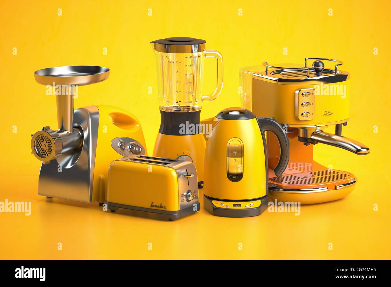Yellow kitchen appliances on yellow background. Set of home kitchen technics. 3d illustration Stock Photo