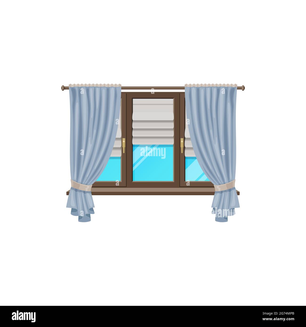 Window curtains or blind drapes and shutter roller jalousie, vector flat isolated icon. Classic window frame with shades drapery folds or tulle, house Stock Vector