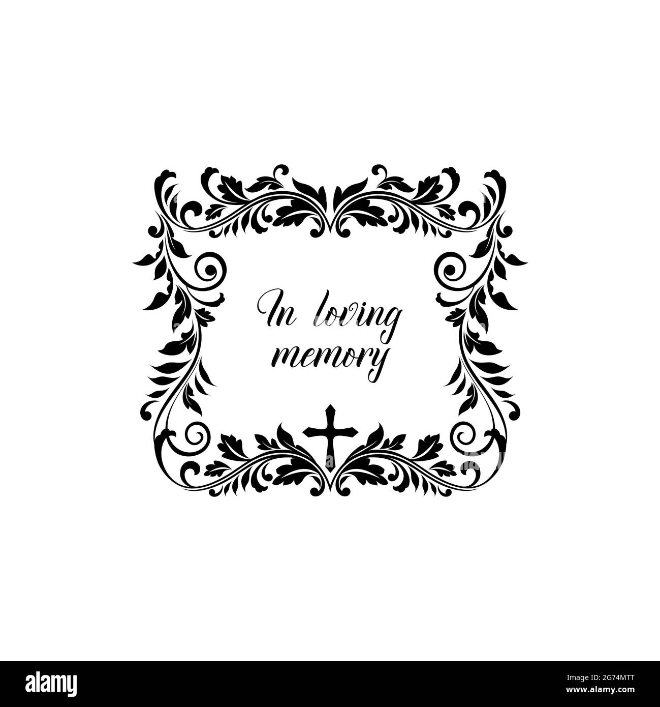 In loving memory condolence message on gravestone isolated lettering. Vector inscription on tombstone, floral border frame with vintage flower ornamen Stock Vector