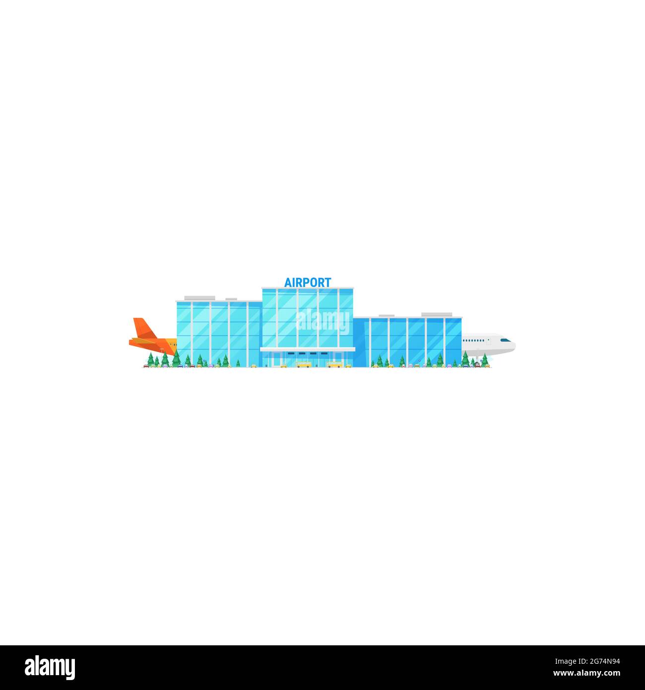 International airlines facade exterior, flying airplanes and buses public transport isolated. Vector airport terminal building, passenger planes and c Stock Vector