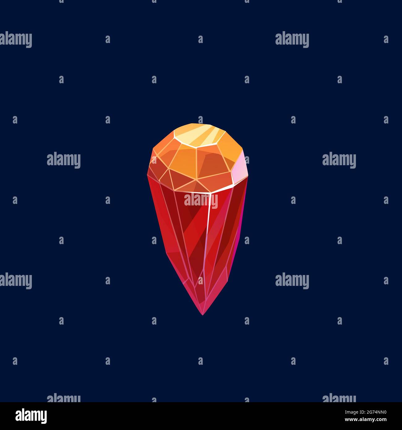 Magic crystal vector icon, rock, gem stone of red and orange color, isolated gemstone. Precious or semiprecious organic raw mineral stalagmite, jewelr Stock Vector