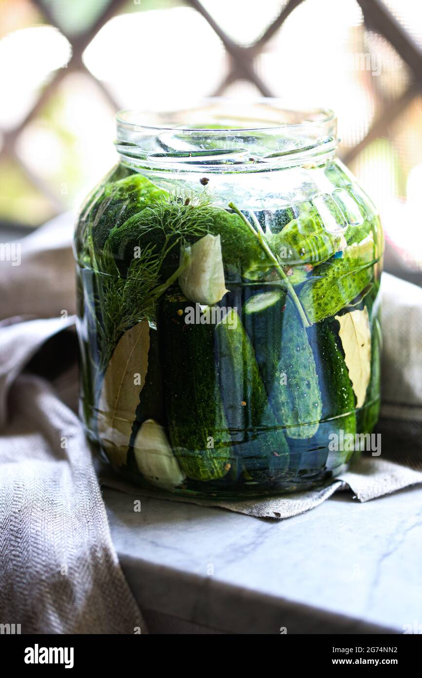 Fermented cucumbers in a jar Stock Photo