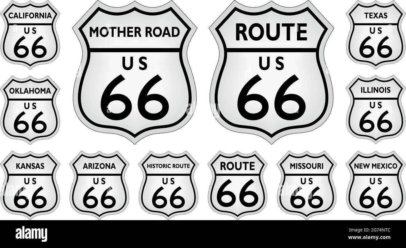 Route 66 traffic sign from United States of America with all related states on isolated white background as vector Stock Vector