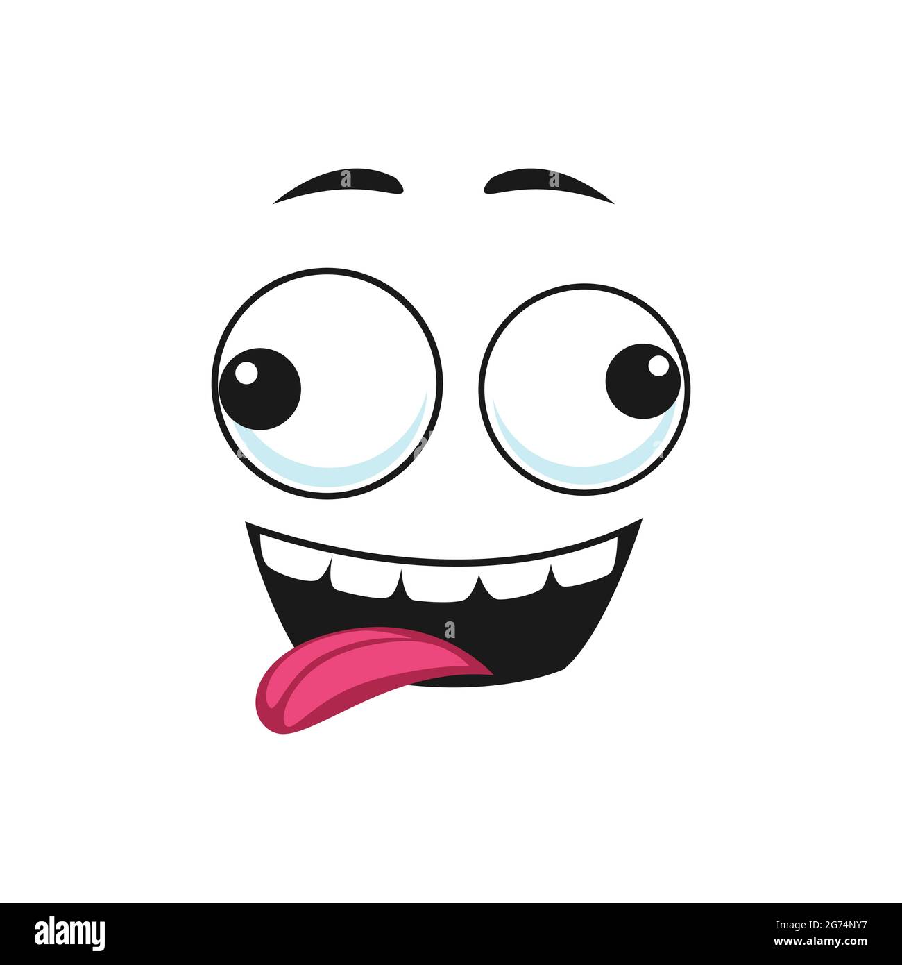 Cartoon face, stunned smile emoji vector facial expression with goggle slanting eyes and open toothy mouth with sticking tongue. Crazy character posit Stock Vector
