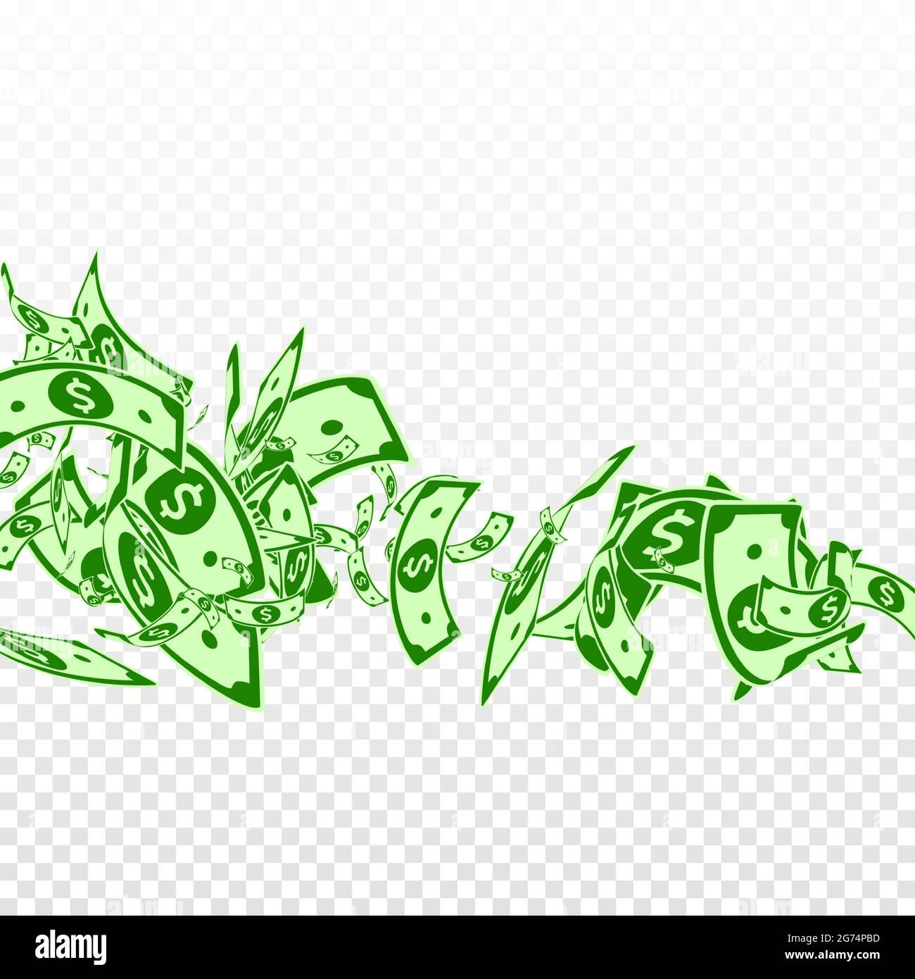 American dollar notes falling. Messy USD bills on transparent