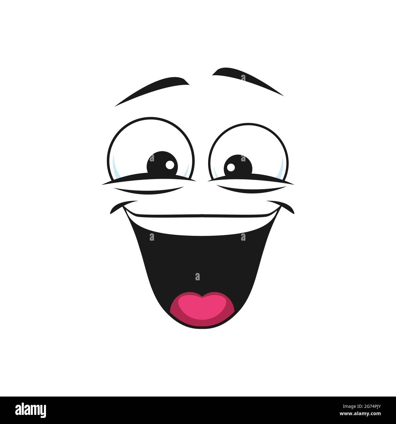 Satisfied emoji isolated emoticon in good mood. Vector glad smiley with open mouth, funny laughing head. Vector pleased positive facial emotion of joy Stock Vector