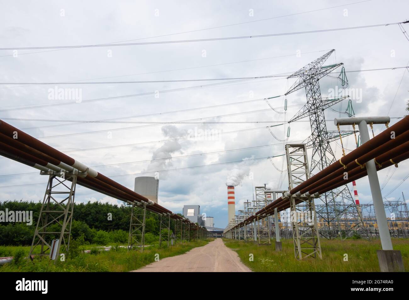 Switching station at the coal-fired power plant in Kozienice. Photo taken on a cloudy day with natural light. Stock Photo