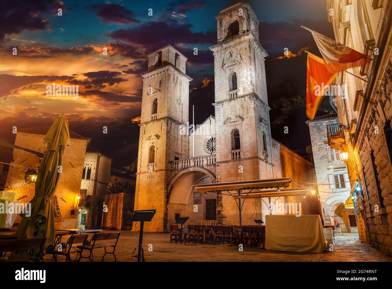Saint Tryphon Church in the Old Town of Kotor at night Stock Photo