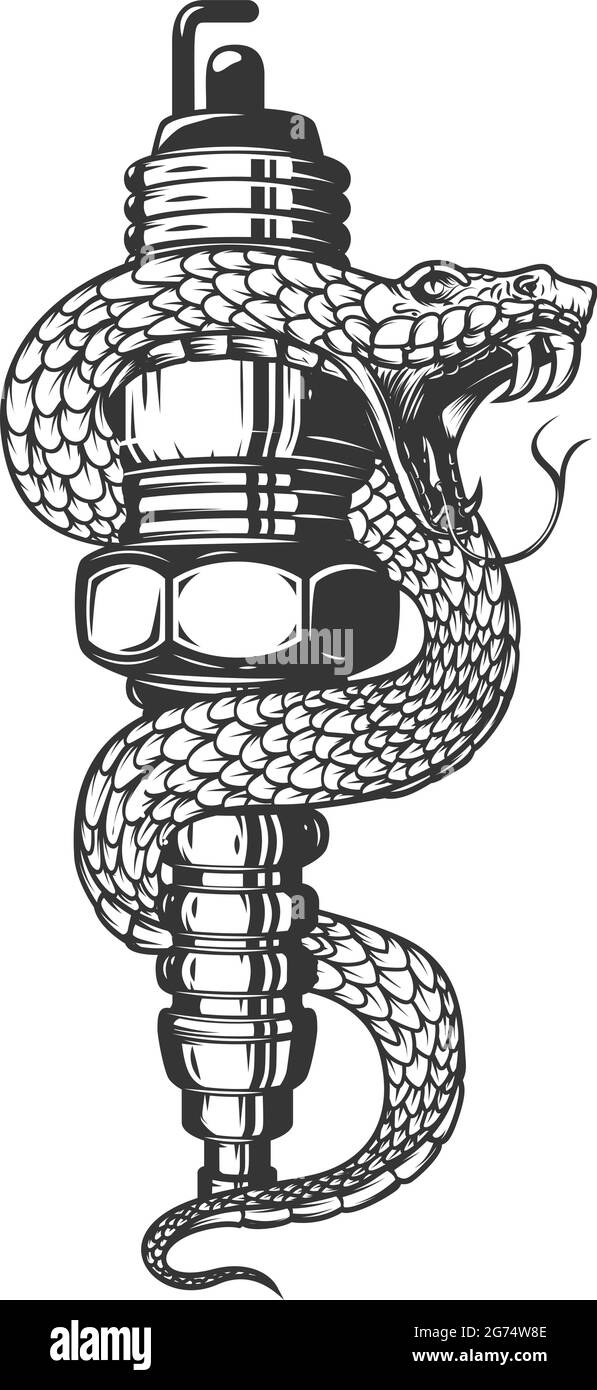 Illustration of snake on car spark plug. Design element for poster, card, banner, sign. Vector illustration Stock Vector