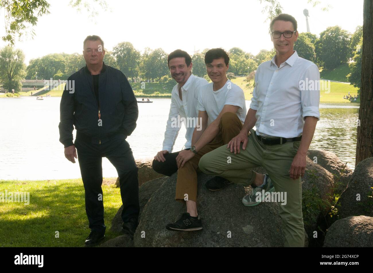 Actors Peter Kurth and Sebastian Urzendowskyseen at 'Kino am Olympiasee' before the screening of the series 'Glauben' from Ferdinand von Schirach Stock Photo