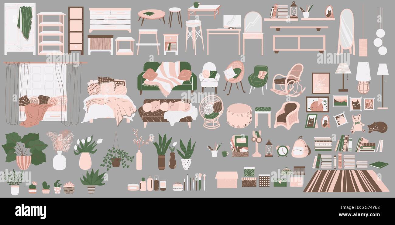 Big vector bundle with cozy Scandinavian furniture of living room and bedroom in cute cartoon flat style. Home decor elements and house plants collect Stock Vector