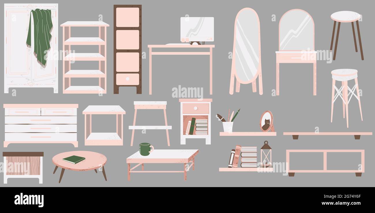 Room interior design isolated elements set bundle of stylish furniture ...