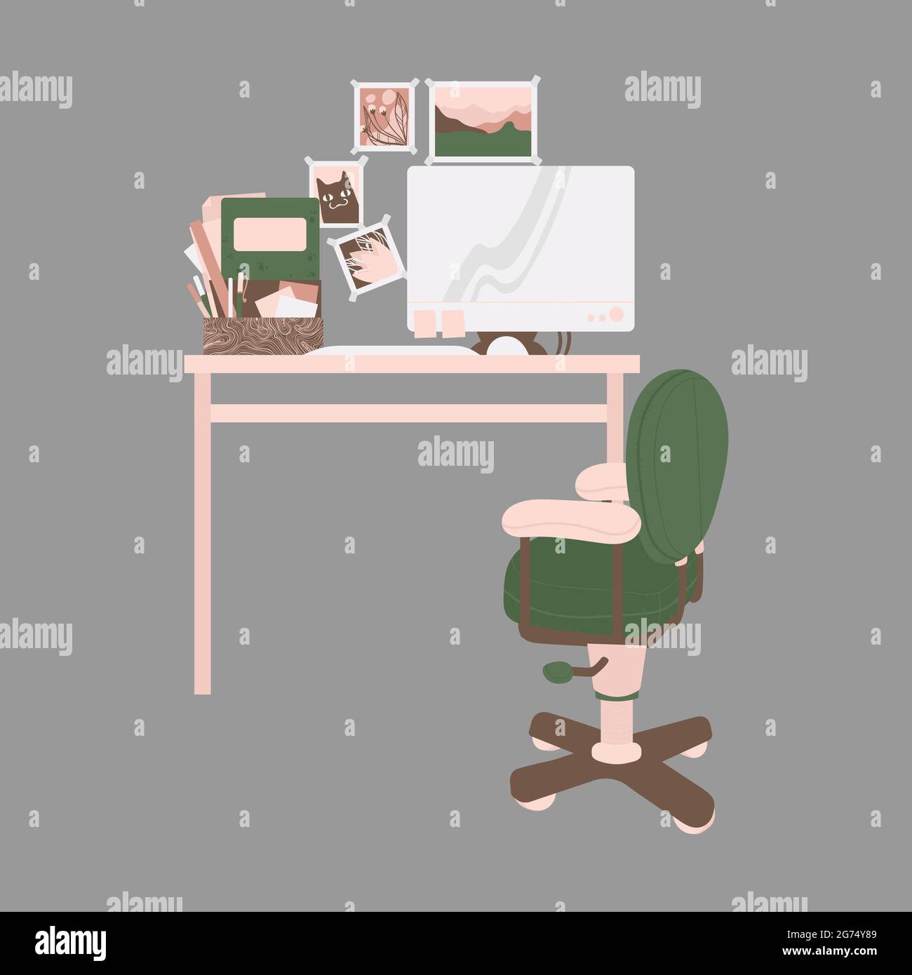 Home workplace - desk with monitor and stationery, armchair and home decor elements. Furniture for workspace. Vector clip art Isolated on grey backgro Stock Vector