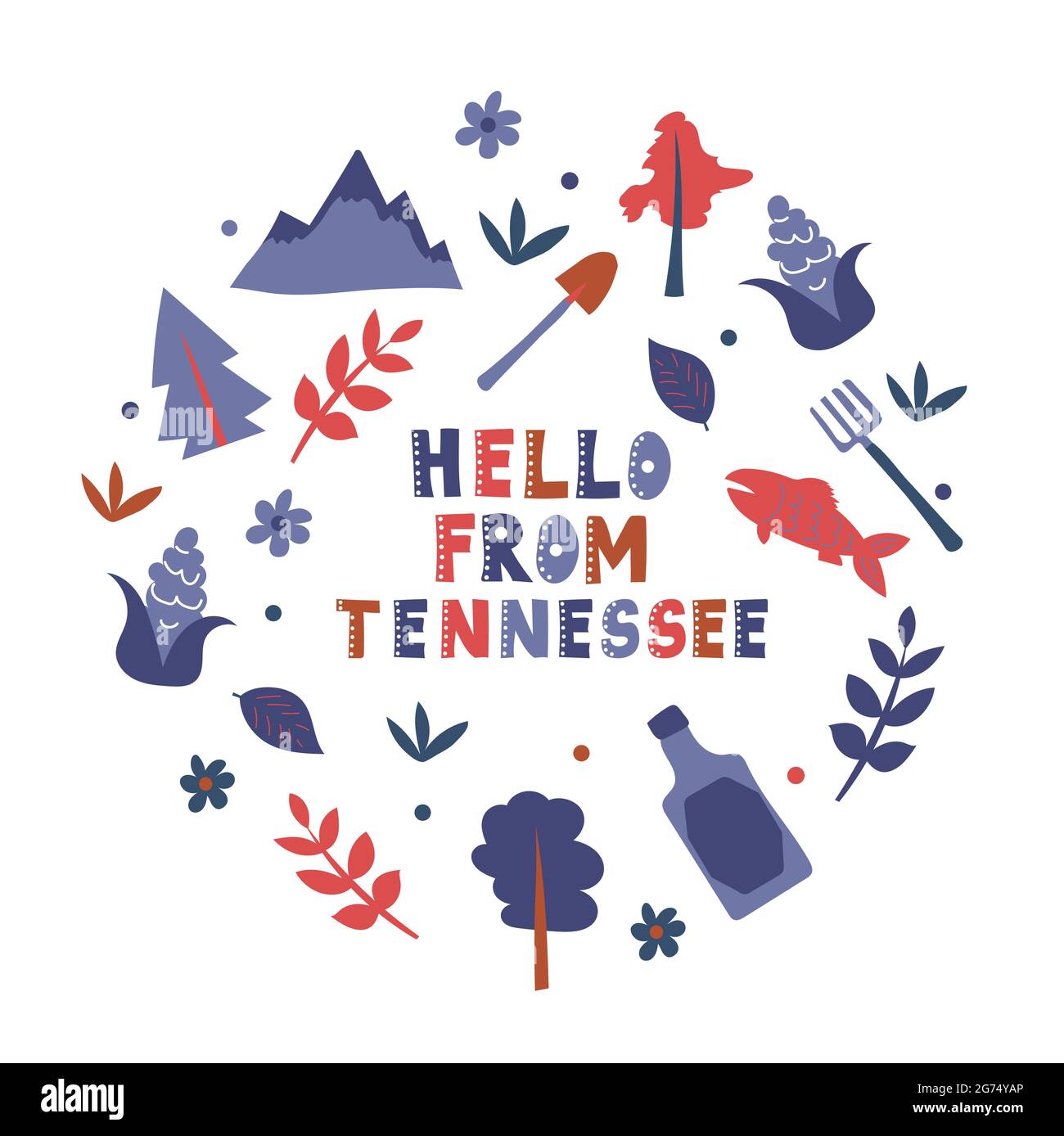 Illustrated map of the state of Tennessee in United States with state symbols. Editable vector illustration Stock Vector