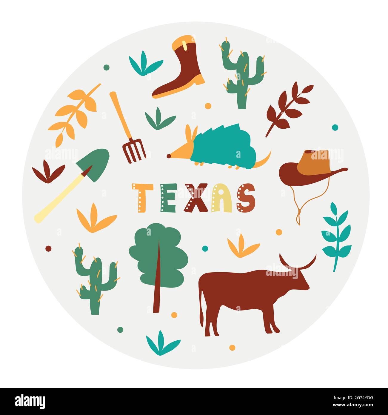 USA collection. Vector illustration of Texas. State Symbols - round shape Stock Vector