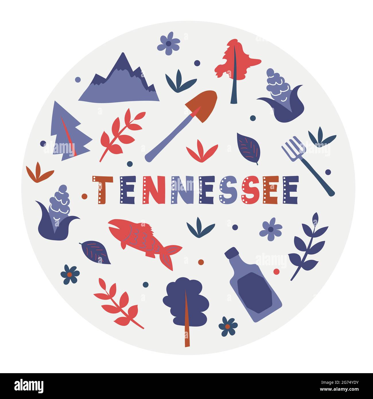 USA collection. Vector illustration of Tennessee. State Symbols - round shape Stock Vector