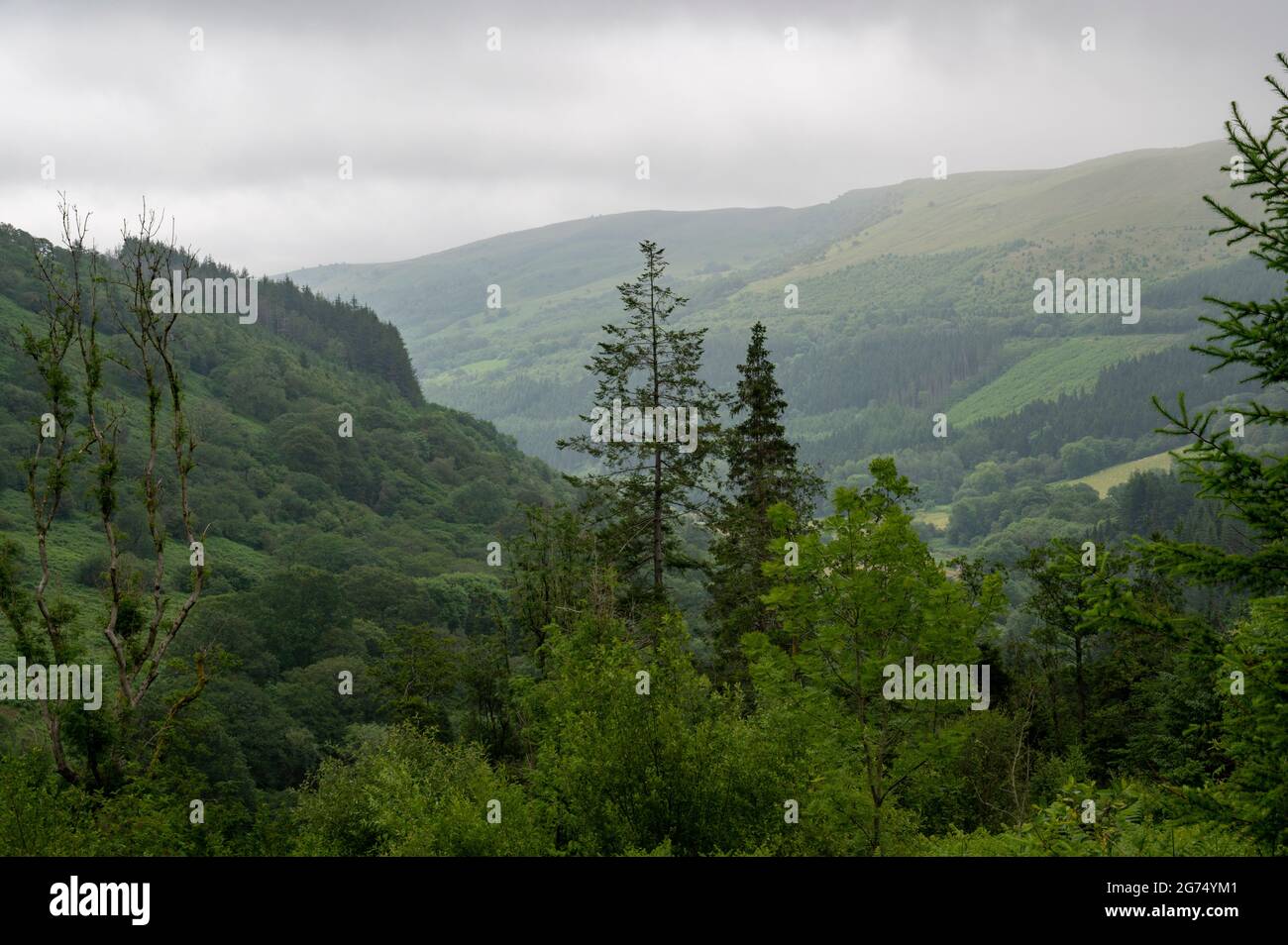 A view of the mountains in Brecon Beacons with low mist rolling in. Stock Photo