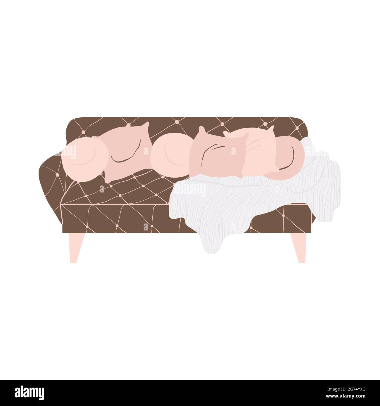 Furniture - sofa with decorative pillows in beige and white colors. Clip art in cartoon style. Single object isolated on grey background. Stock Vector